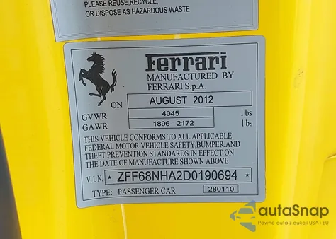 2013 Ferrari 458 Spider из США, поврежденный, VIN ZFF68NHA2D0190694